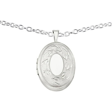 Sterling Silver 19mm Polished and Brushed Leaves Oval Locket