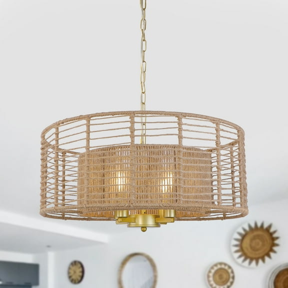 Bohemian 4 Light Dimmable Drum Chandelier Dining Room Pendant Living Room Twine