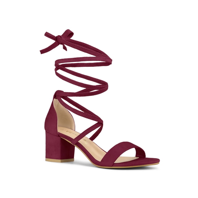 BLISSFUL STEP Women's Shoes Lace-Up Chunky Heel Open Toe Cross Strap Sandals Burgundy 7