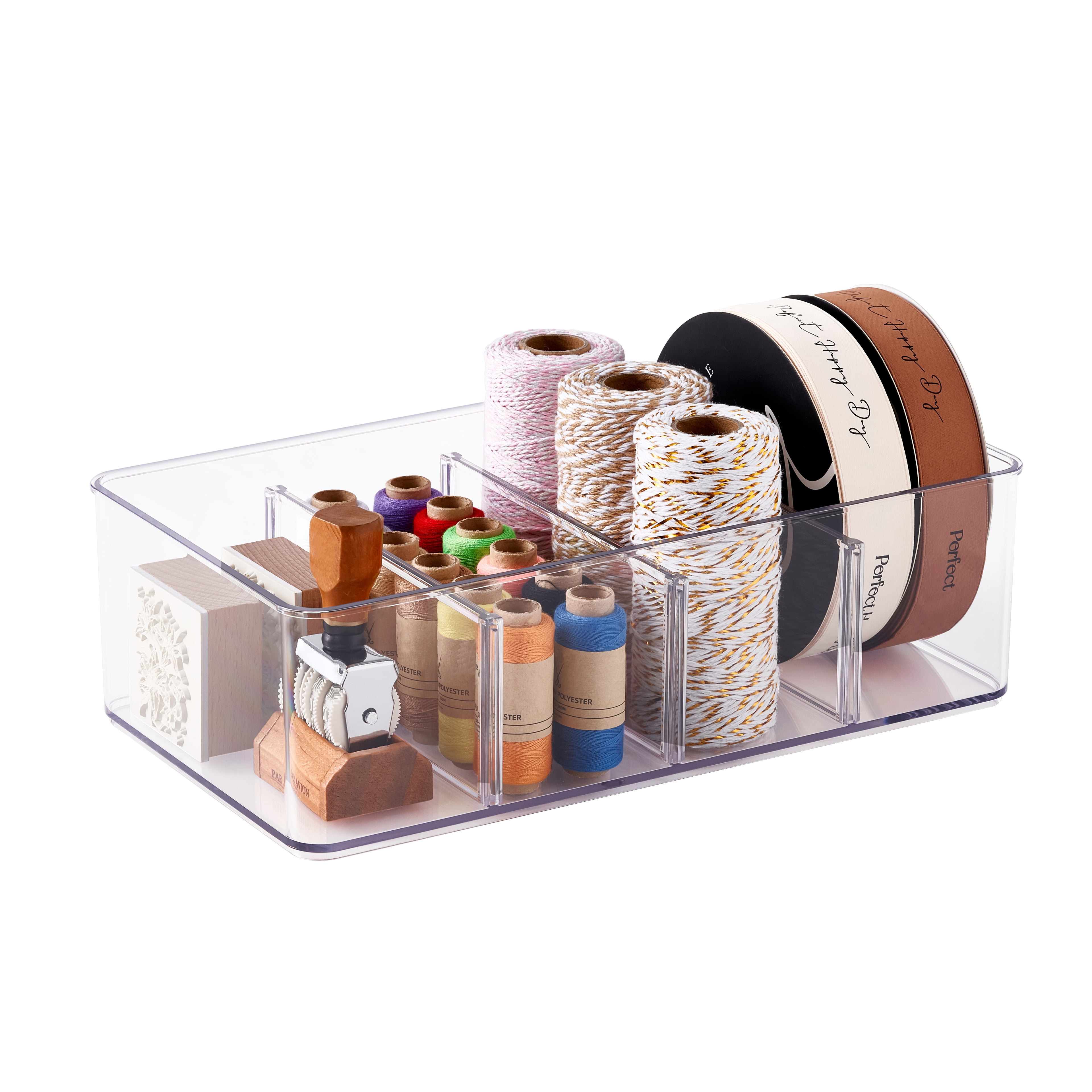 Simply Tidy Clear Storage Bin with Dividers - Plastic Craft Organizers for Ribbons, Stickers, Embellishments & Supplies, Compatible with Lexington & Hudson Carts, 12 Pack