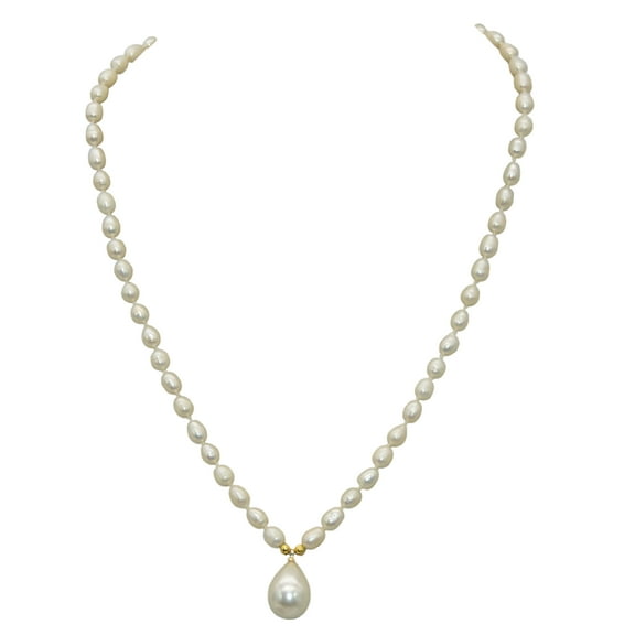 4-5mm Natural White Rice Pearl Necklaces 18 inches 12x16mm Teardrop Shell Pendant