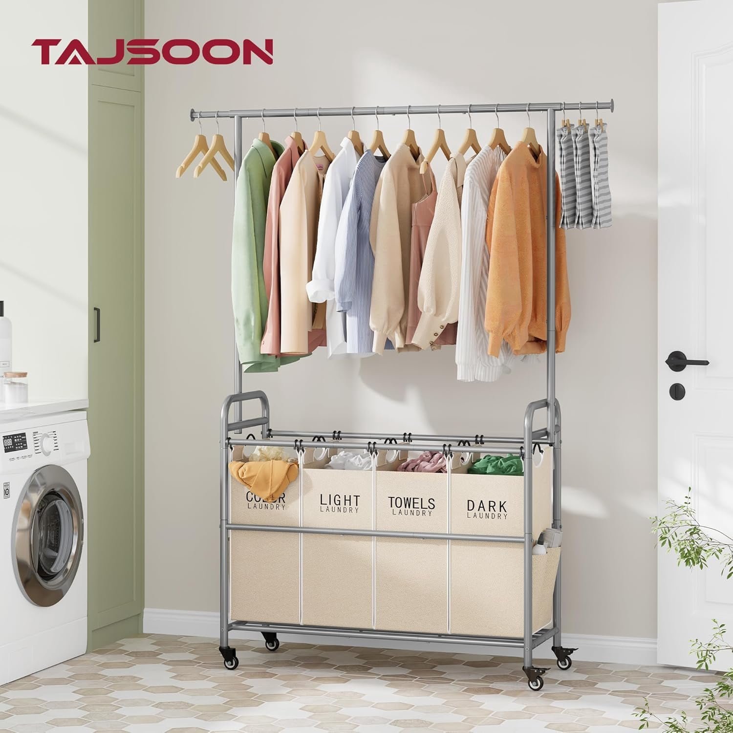 Laundry Hamper with Hanging Rack, Laundry Sorter 4 Sections, 4 Basket Butler with Lockable Wheels and Removable Bag, Rolling Laundry Cart for Bedroom, Beige