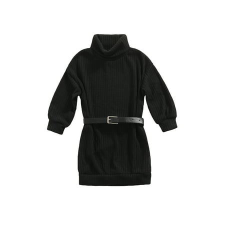 

Canrulo Toddler Baby Girl Casual Knitted Dress Long Sleeve Turtleneck Fall Winter Sweater Skirt with Waist Belt Black 4-5 Years