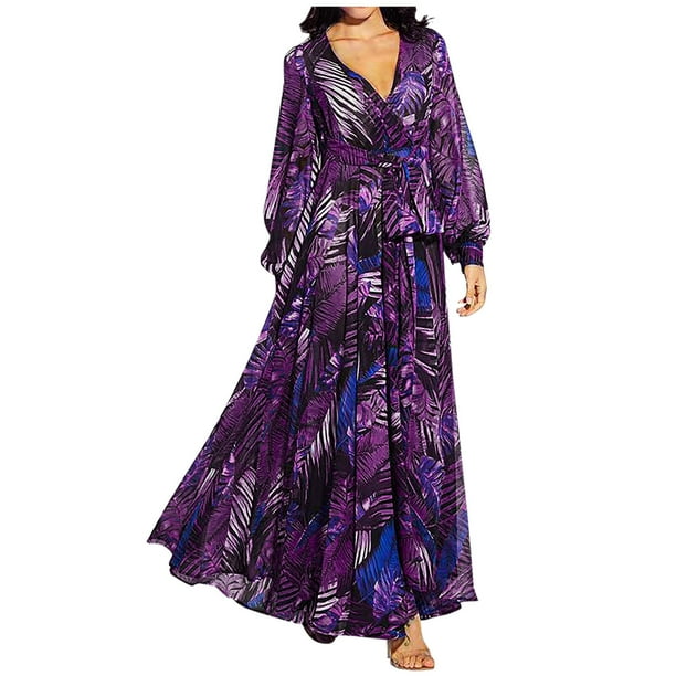 Vestido maxi casual de verano para mujer Vestido largo con vuelo floral bohemio con cuello en V para la playa Fridja yut3234