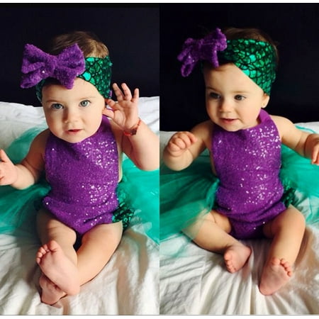 

2PCS Sequin Baby Girls Mermaid Tulle Romper Bodysuit Headband Sunsuit Outfits Clothes