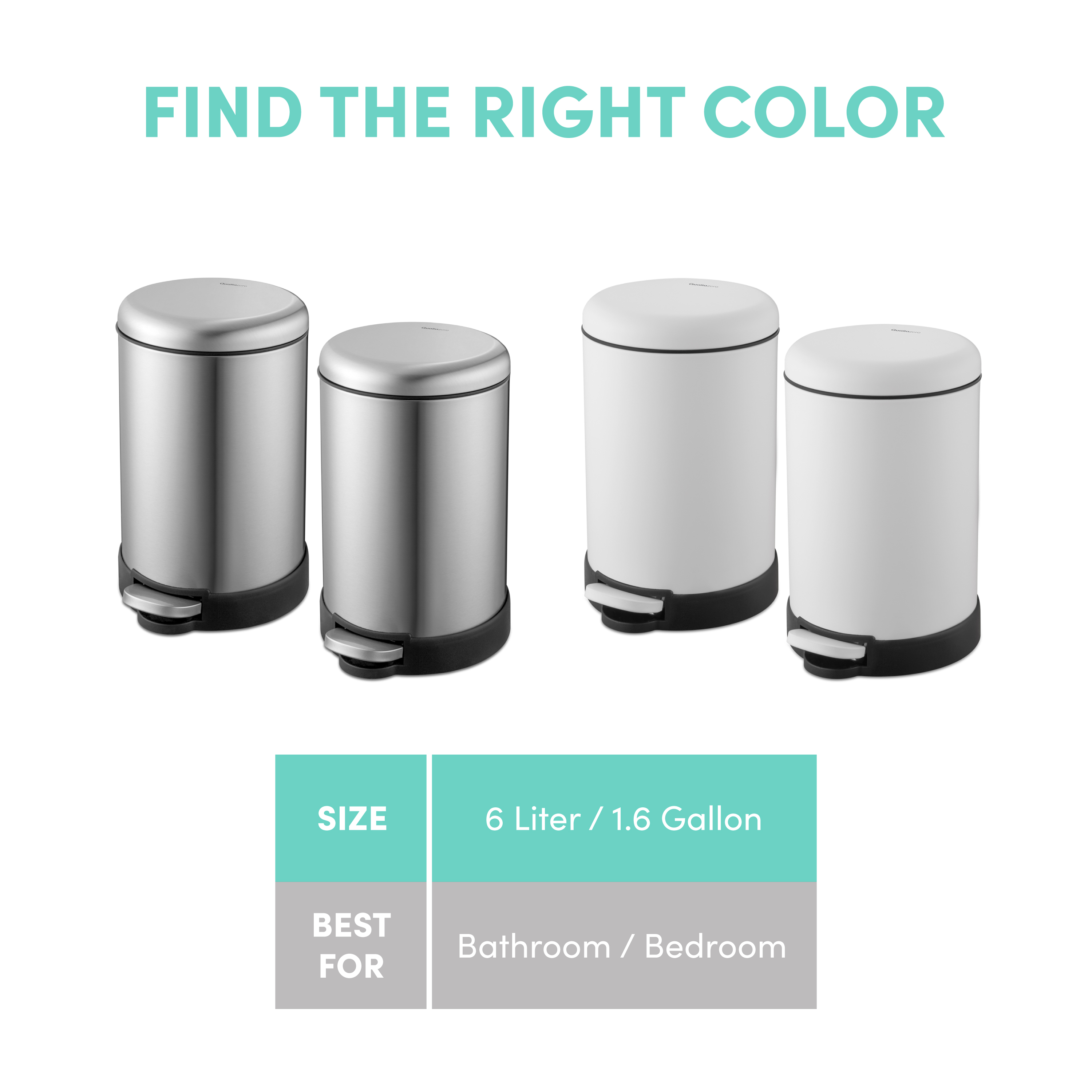 Qualiazero Bathroom Trash Can Combo, 1.6 Gallon Stainless Steel Step Garbage Bin with Soft Close Lid, Matte White, Pack of 2