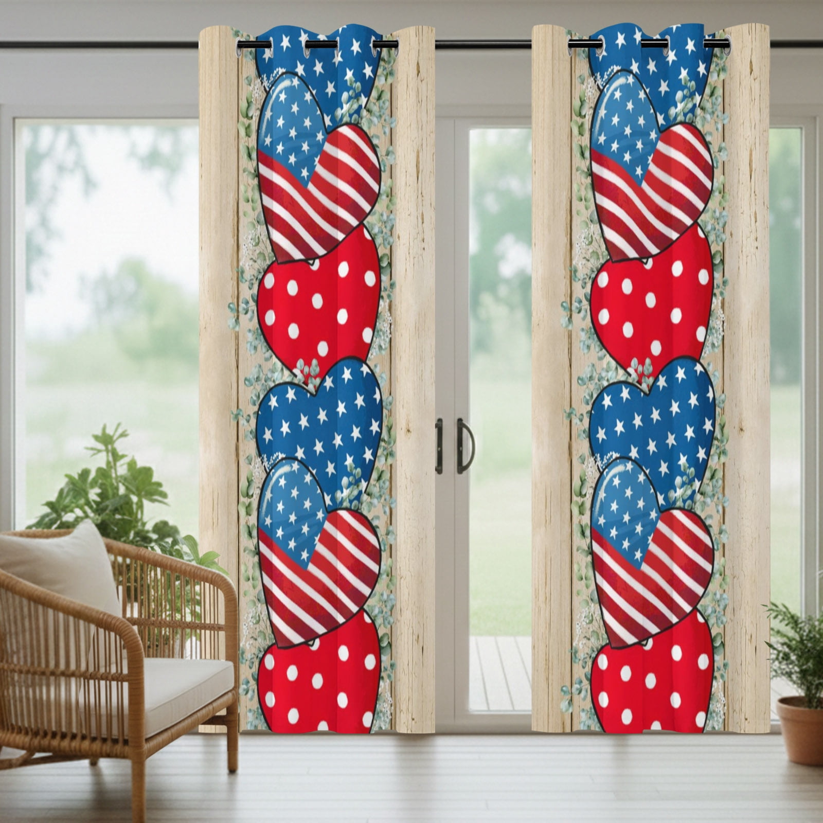 Independence Day Outdoor Curtains for Patio, Hearts American Flag Eucalyptus Leaves Sunshade Privacy Drapes Grommet Waterproof Outside Curtains for Porch/Cabana/Balcony 54"x 108", 1 Panel