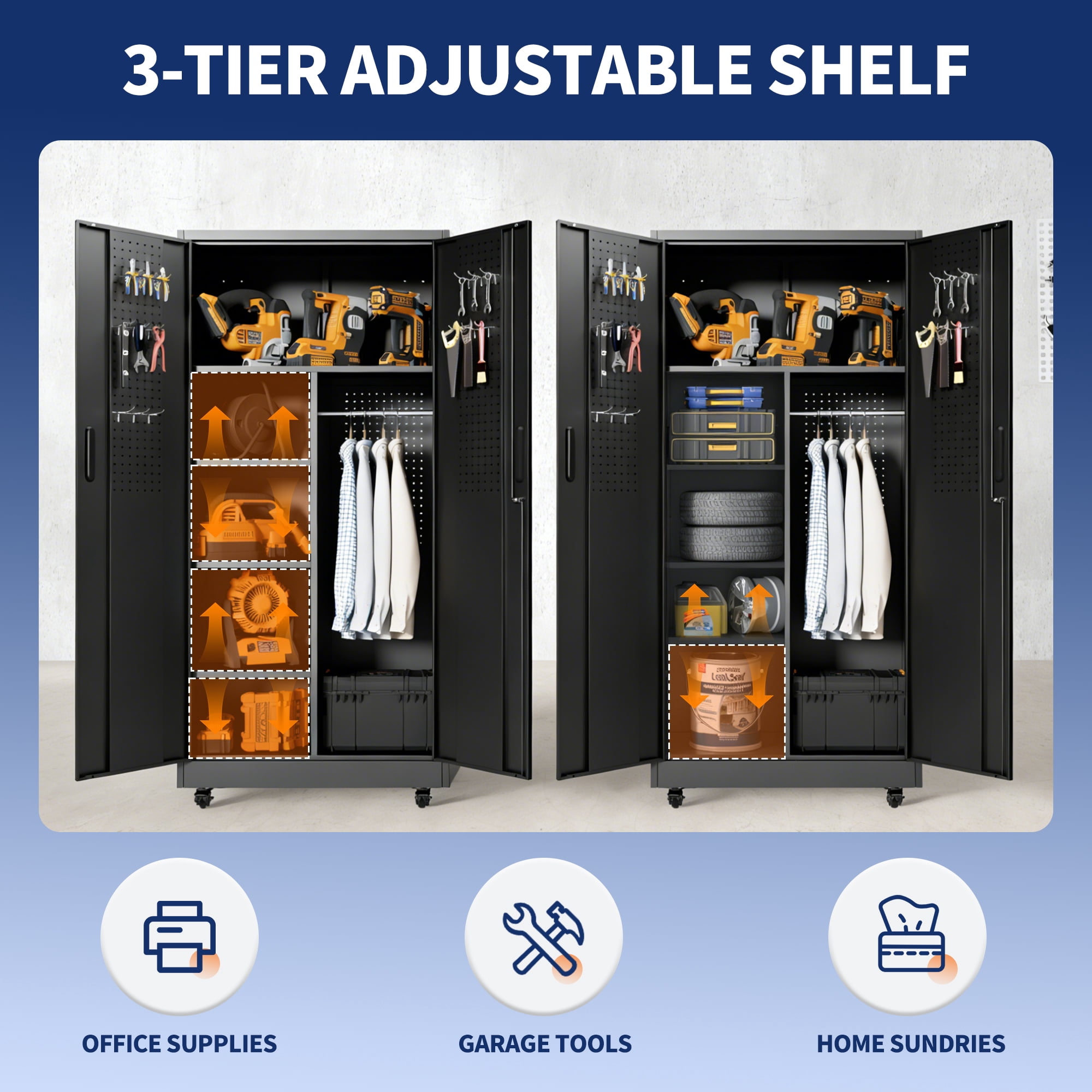 Rolling Metal Storage Locker Cabinet with Lockable Doors, 71" Freestanding Steel Wardrobe for Home, Office, School, Employee, Gym & Fire Department (Black)