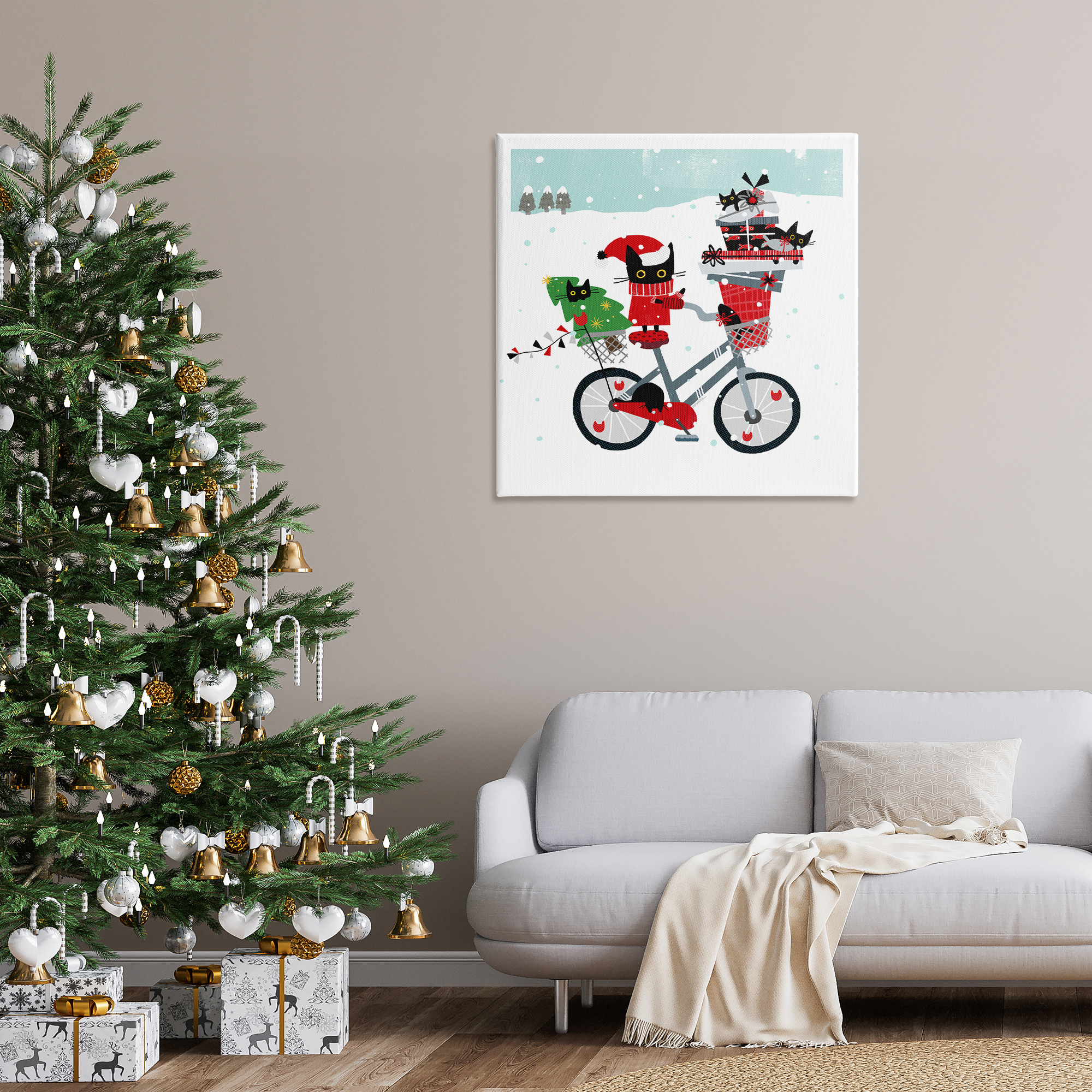 Stupell Industries Holiday Catmas Bicycle Holiday Painting Gallery Wrapped Canvas Art Prints Wall Art, 36 x 36