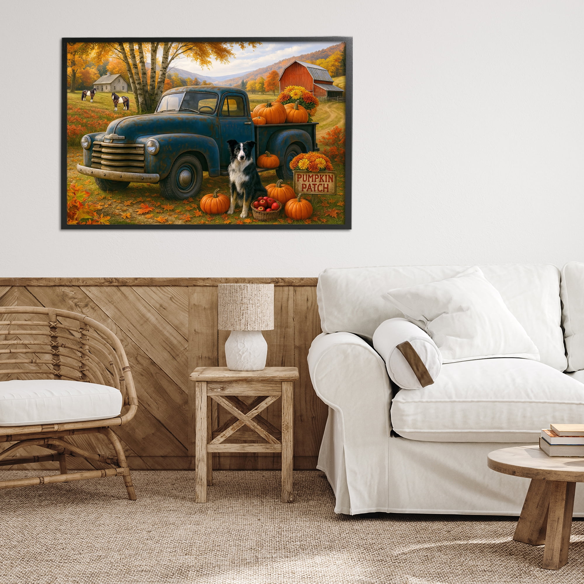Autumnal Farmland Collie Dog Black Framed Giclee Art, design by Tom Crehan
