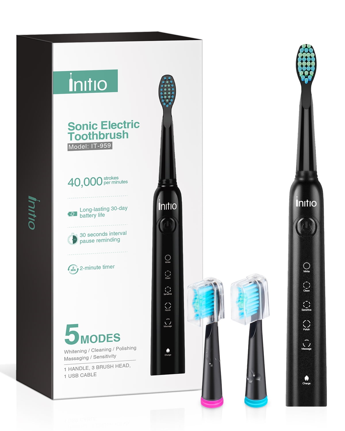 Initio Electric Sonic Toothbrush with 3 Brush Heads for Adults and Kids, 5 Modes, 40,000 VPM Motor, Rechargeable Clearance Auto Toothbrush (Black)