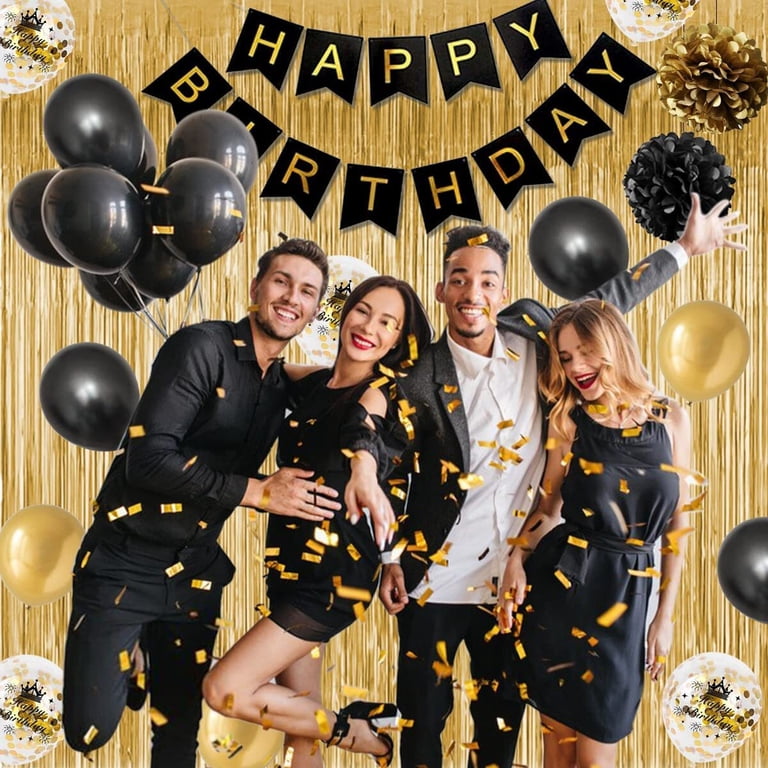 Black & Gold Birthday Party Decorations Kit – Confetti Balloons, Banner, Foil Balloons & Pompoms
