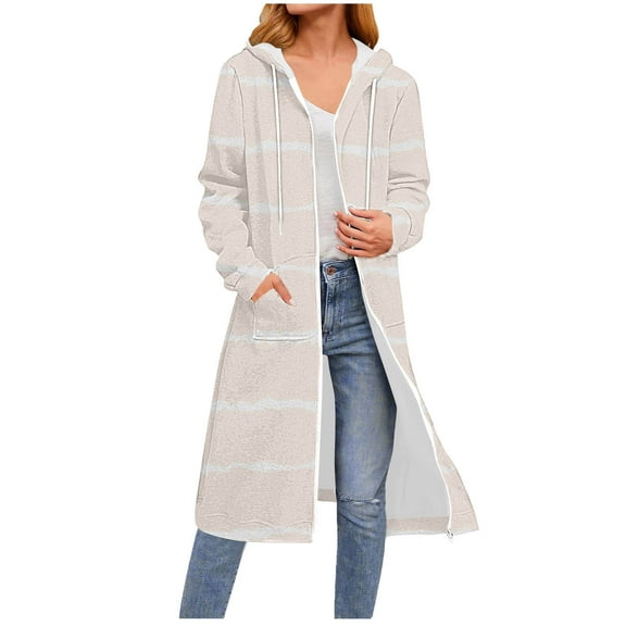 Ecqkame Hoodies For Women Fashion Comfortable Full Zip Up Hoodie Medium Length Long Sleeved Hooded Sweatshirts With Pockets Beige XXL