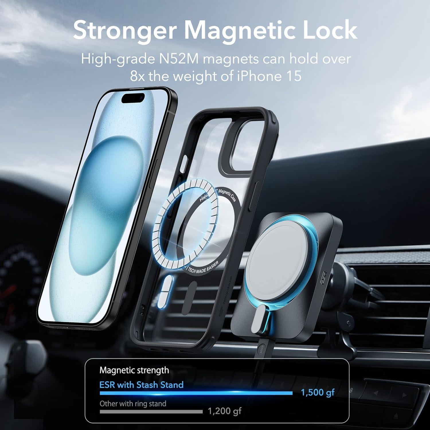 ESR MagSafe Bumper Cell Phone Case with Stash Stand for iPhone 15 Plus, Clear Black
