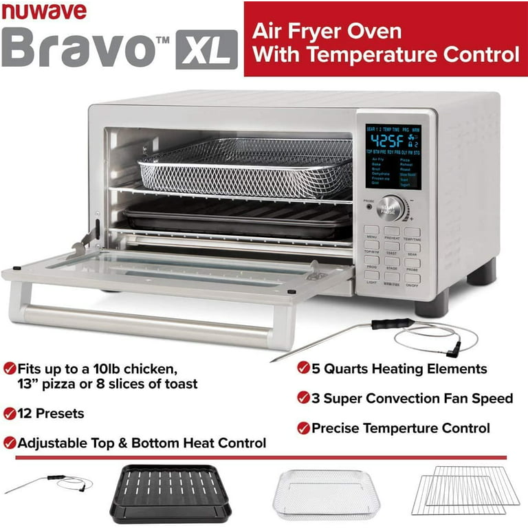  Nuwave Bravo Air Fryer Toaster Smart Oven, 12-in-1 Countertop  Convection, 30-QT XL Capacity, 50°-500°F Temperature Controls, Top and  Bottom Heater Adjustments 0%-100%, Brushed Stainless Steel Look: Home &  Kitchen