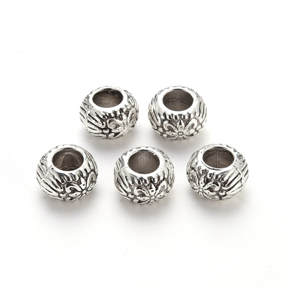 1000gs style Alloy European Beads Large Hole Beads Cadmium Free & Lead Free Rondelle with Flower Antique Silver 9.5x6mm Hole: 4.5mm about 650pcs/1000g