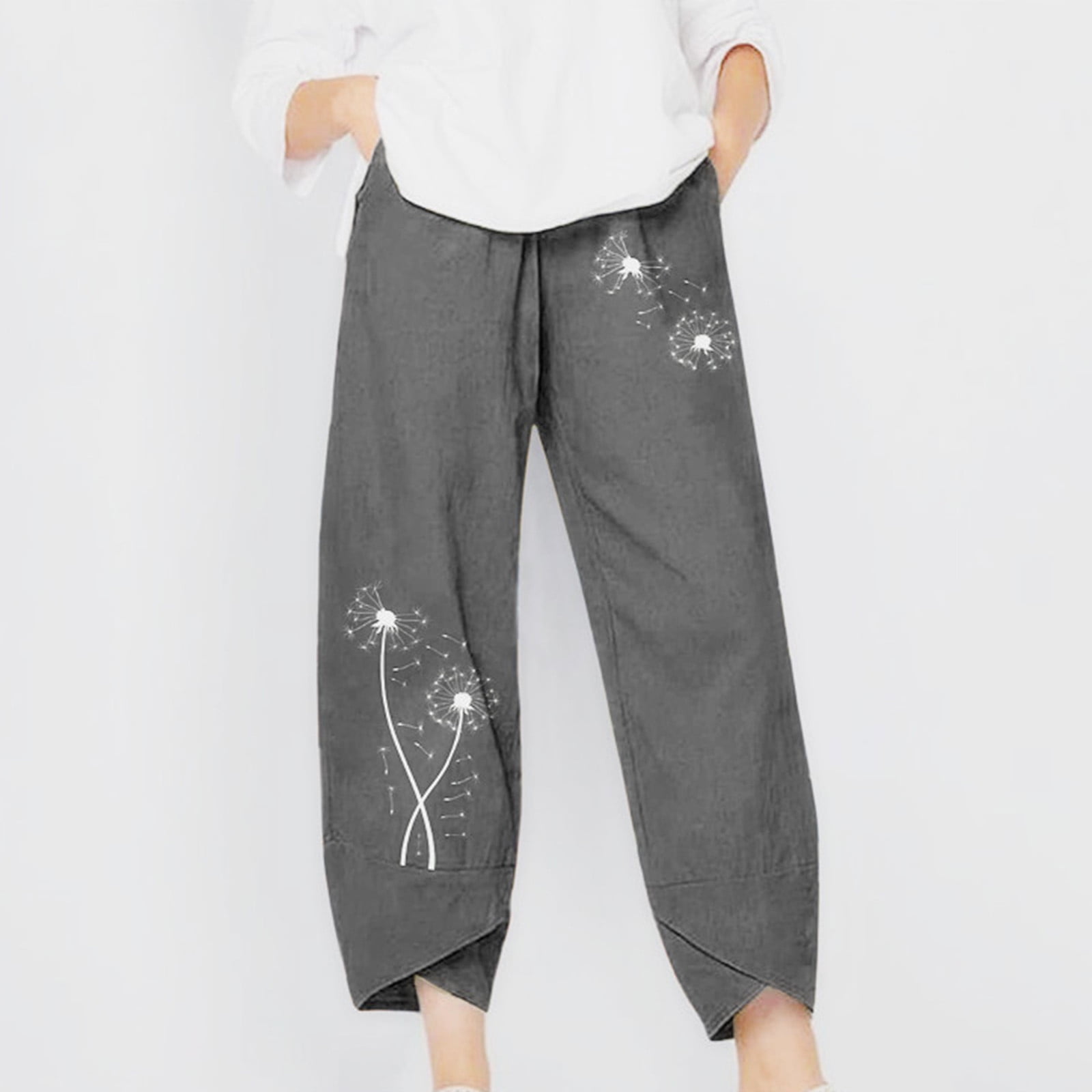 Womens Summer Linen Pants Elastic Waist Lounge Pants Tapered Capris Crop Trousers with Pockets