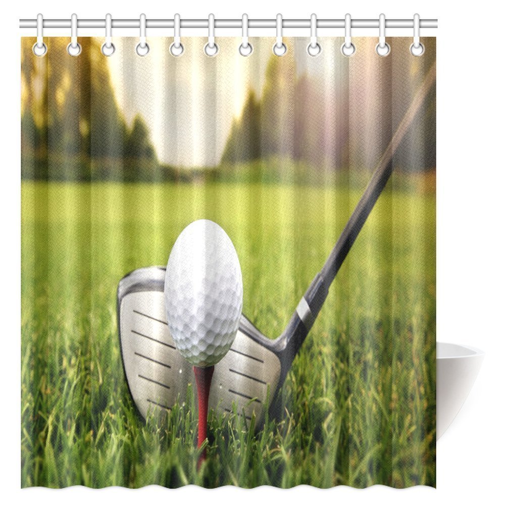 MYPOP Sports Shower Curtain, Golf Club and Ball in Grass Fabric