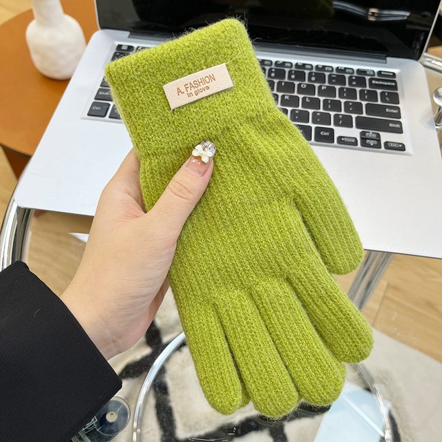 Guantes de lana tejidos para mujer, de invierno, resistentes al frío, con forro polar grueso, color caramelo, para ciclismo, pantalla táctil, dedos expuestos, cinco dedos