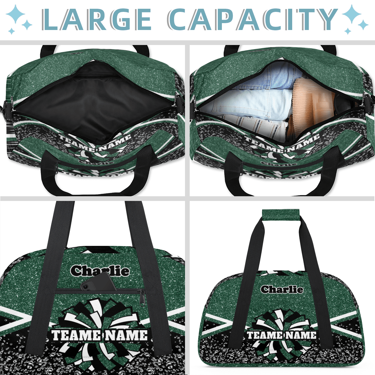Personalized Cheerleader Bag Dance Bag, Custom Team Bag Gym Bag Sport Duffel Bag, Weekender Bags Travel Bag for Cheer Team Dark Green Glitter