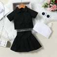 thumbnail image 3 of GYRATEDREAM Toddler Baby Girl 3Pcs Outfit Short Sleeve Lapel Shirt Coat + Spaghetti Strap Camisole + Pleated Skirt Set Kids Spring Summer Clothes Black for 18M-6T, 3 of 4