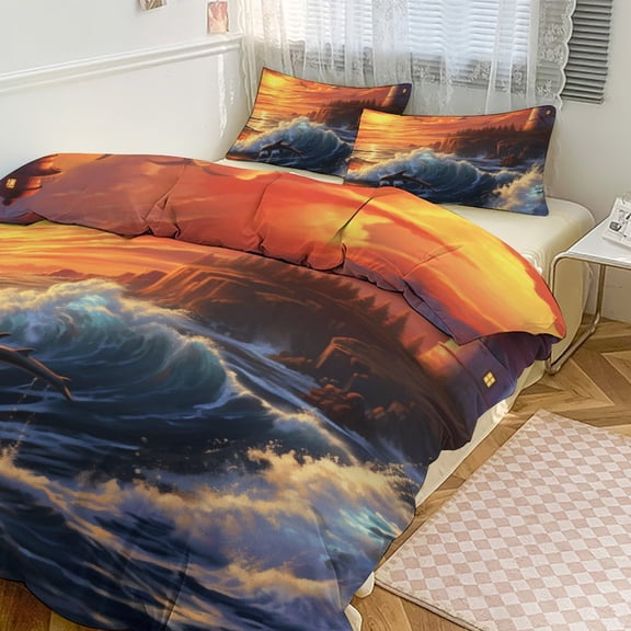 Sunset Jumping Dolphin Bedding Set with Zipper Closure for Girls & Boys