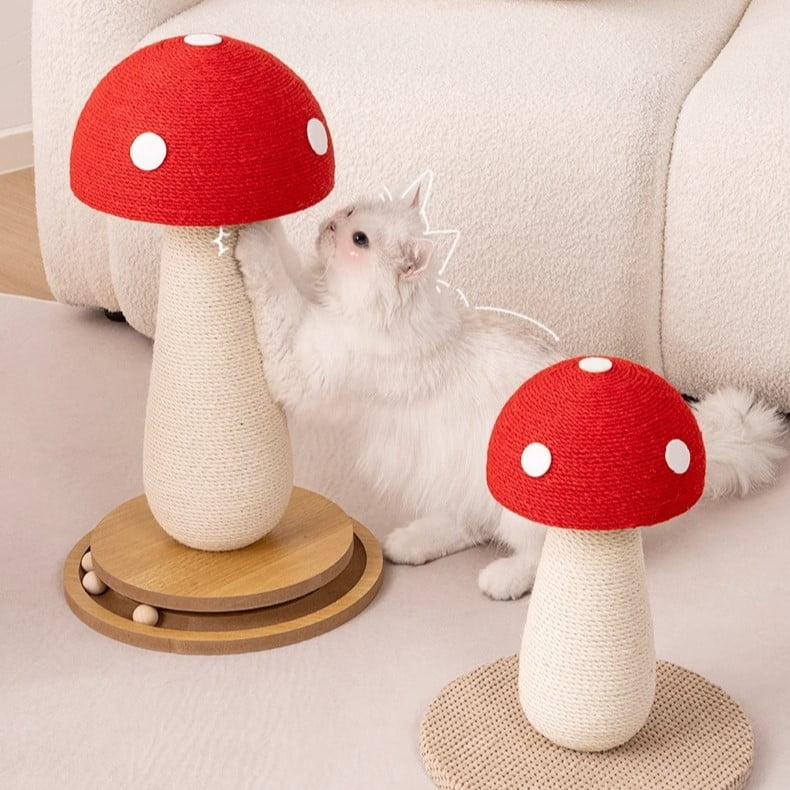 Fairela 20.9" Mushroom Cat Scratching Post with Spinning Wood Base & Interactive Balls,Natural Sisal Rope Scratcher