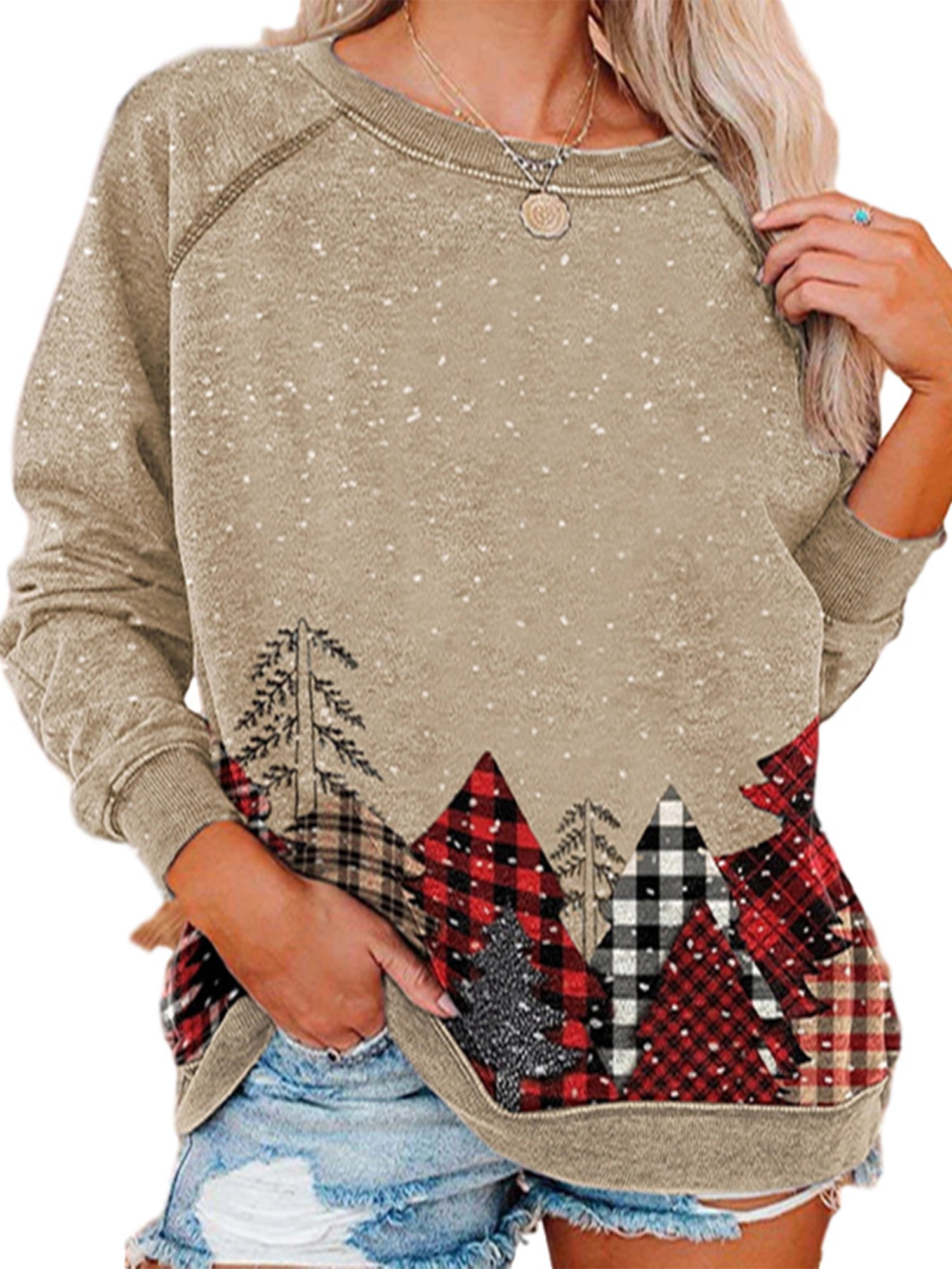 Women Tops and Blouses Long Sleeve Christmas Tree/Elk/Santa Claus/Letter Tunics Raglan Plaid Pullover Sweatshirt T-Shirt 