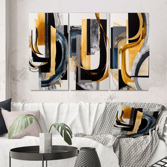 Designart "Glamorous Gold and Black Artistry II" Abstract Spirals Wall Art Set Of 3 - Transitional Black Canvas Set For Living Room Decor