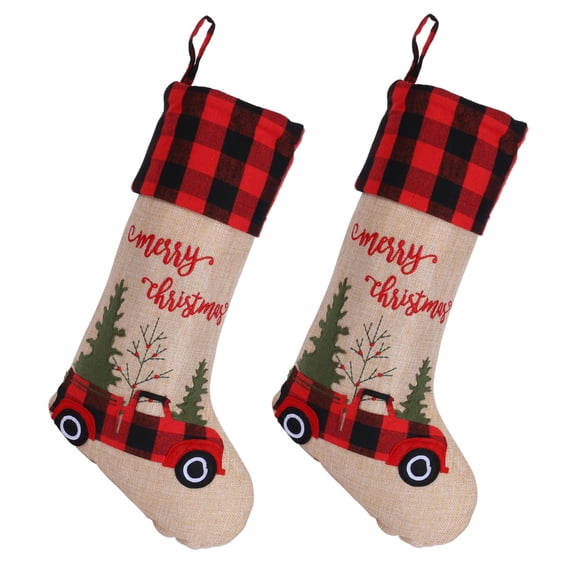 Manfiter 2pcs 17 Inch Embroidered Christmas Stockings, Red Farm Truck Design with Plaid Cuff, Rustic Hanging Fireplace Gift Bag Holiday Home Decorations