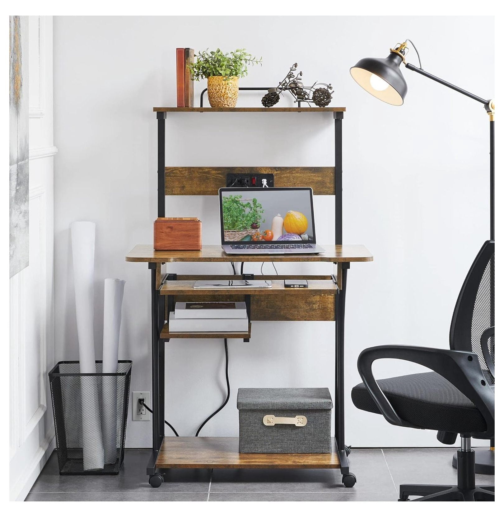 3 Tiers Rolling Computer Desk with Power Outlet and USB Ports for Space Saving, Home Office Desk with Keyboard Tray and Printer Shelf on Wheels, Laptop PC Workstation Table, Rustic Brown
