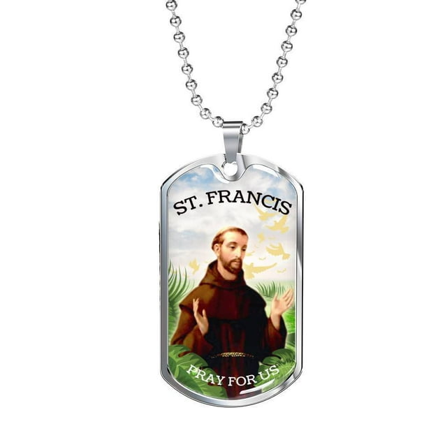 St. Francis Catholic Necklace Stainless Steel or 18k Gold Dog Tag 24" Chain