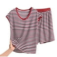 thumbnail image 1 of Posijego Ensemble de Pyjama Grande Taille pour Femmes, Col Rond, Rayé, Manches Courtes, Shorts, Tenue de Nuit, Dames, Ensemble de Pyjamas 2 Pcs, 1 of 3