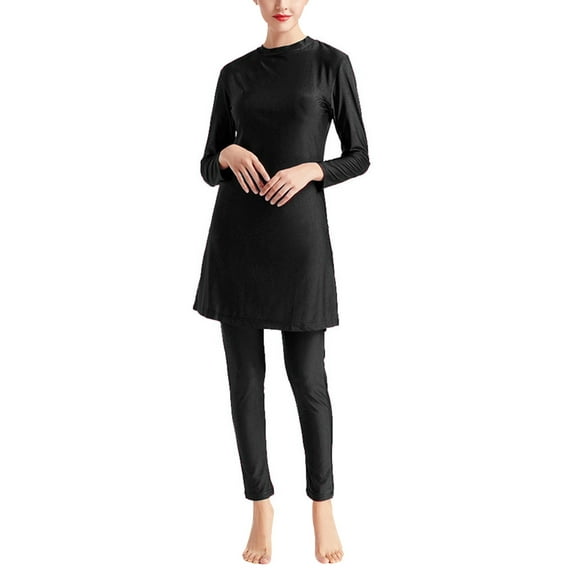 Lumento Women Swimwear Three Pieces Bathing Suit Full Coverage Swimsuit Ladies Plain Swimming Modest Muslim Style Beachwear Black XXL