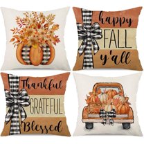 Fall Pillow Covers 18x18 Set of 4 Happy Fall Pumpkin Truck Floral Pillows Decorative Autumn Thanksgiving Quotes Thankful Grateful Blessed Throw Pillows Cushion Case Farmhouse Decorations F015-18