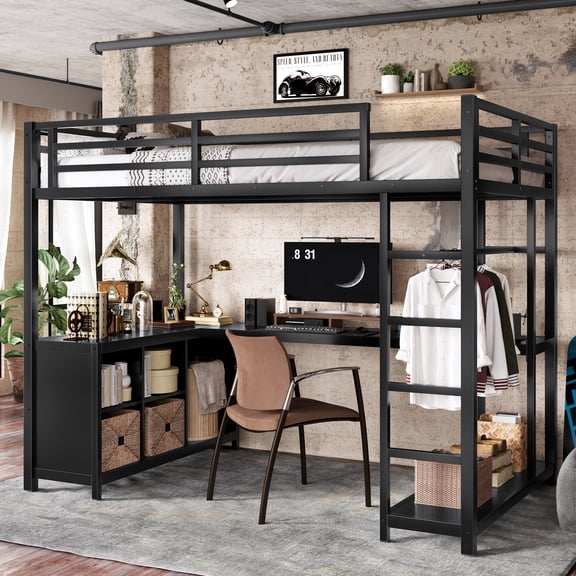 Space Saving CAPCAEK Twin XL Metal Loft Bed with Wardrobe, L-shaped Desk, Storage Cubes and Shelves for Apartment, Bedroom and Small Spaces, Black