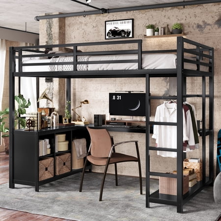 Space Saving CAPCAEK Twin XL Metal Loft Bed with Wardrobe, L-shaped Desk, Storage Cubes and Shelves for Apartment, Bedroom and Small Spaces, Black