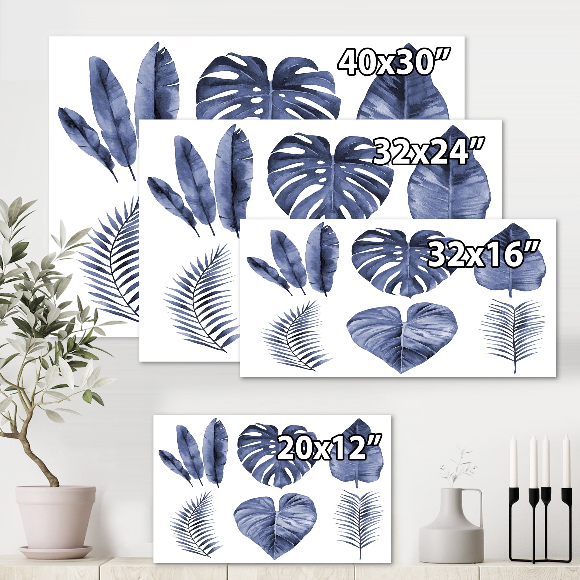Designart ' Blue Watercolour Tropical Leaves I ' Farmhouse Canvas Wall Art Print