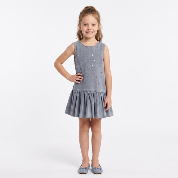 NIPAXO Girls Dress Blue Denim Sleeveless Round Neck Embellished Ruffle Hem Casual Sundress for Kids