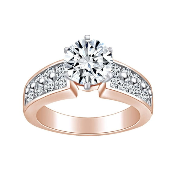 AFFY 2 Carat (Cttw) Round Shape White Natural Diamond Two Row Solitaire Engagement Ring In 14k Solid Rose Gold Ring Size-5