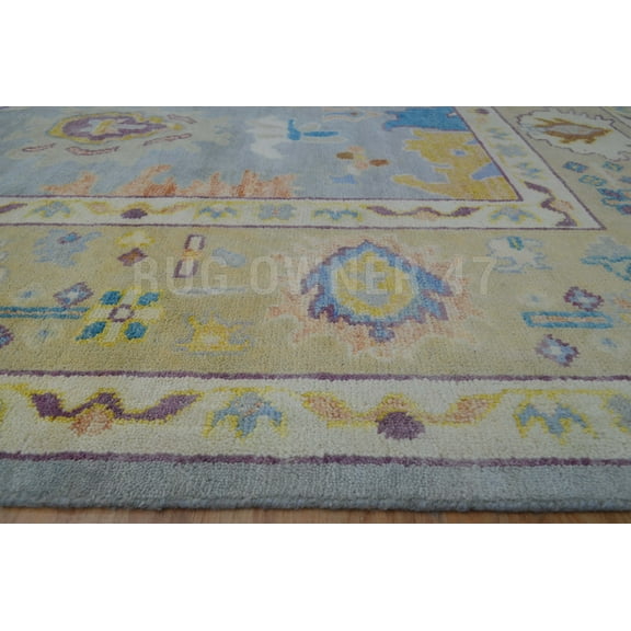 Hand-Knotted Colourful Oushak Area Rug 9X12 Handmade Wool Area Rug Lt Blue & Camel
