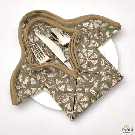 

Artichoke Green and White Indian Hand Block Floral Printed 100% Pure Soft Cotton Cloth Napkins Tea Napkins 20x20 - Dinner Napkins