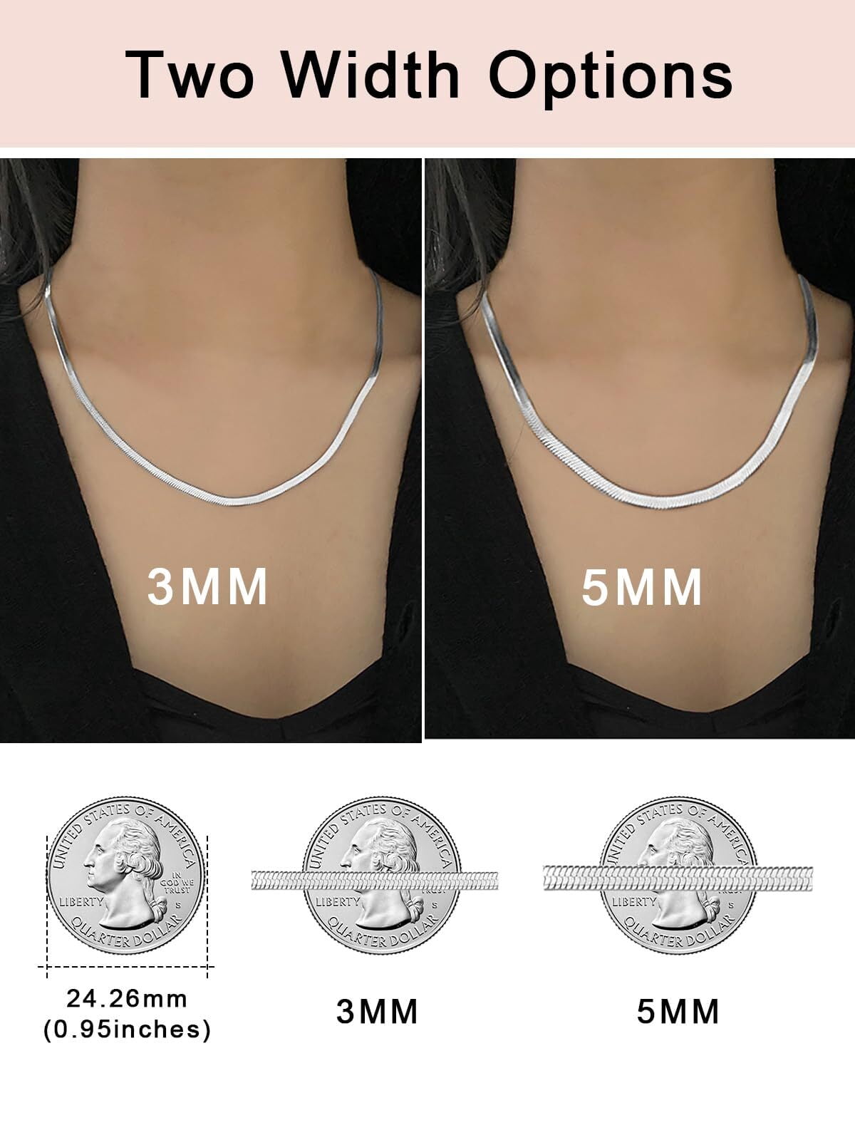 FOCALOOK Flat Snake Chain for Women Stainless Steel Silver Herringbone Choker Necklace Jewelry Birthday Christmas Mother's Day Gifts 5MM 15 Inches