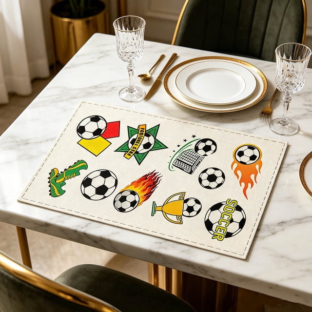 Juego de individuales temáticos de fútbol (1 unidad), manteles individuales de lino con diseños de balón, trofeo, portería y silbato, antideslizantes, fáciles de limpiar, 45x30 cm.