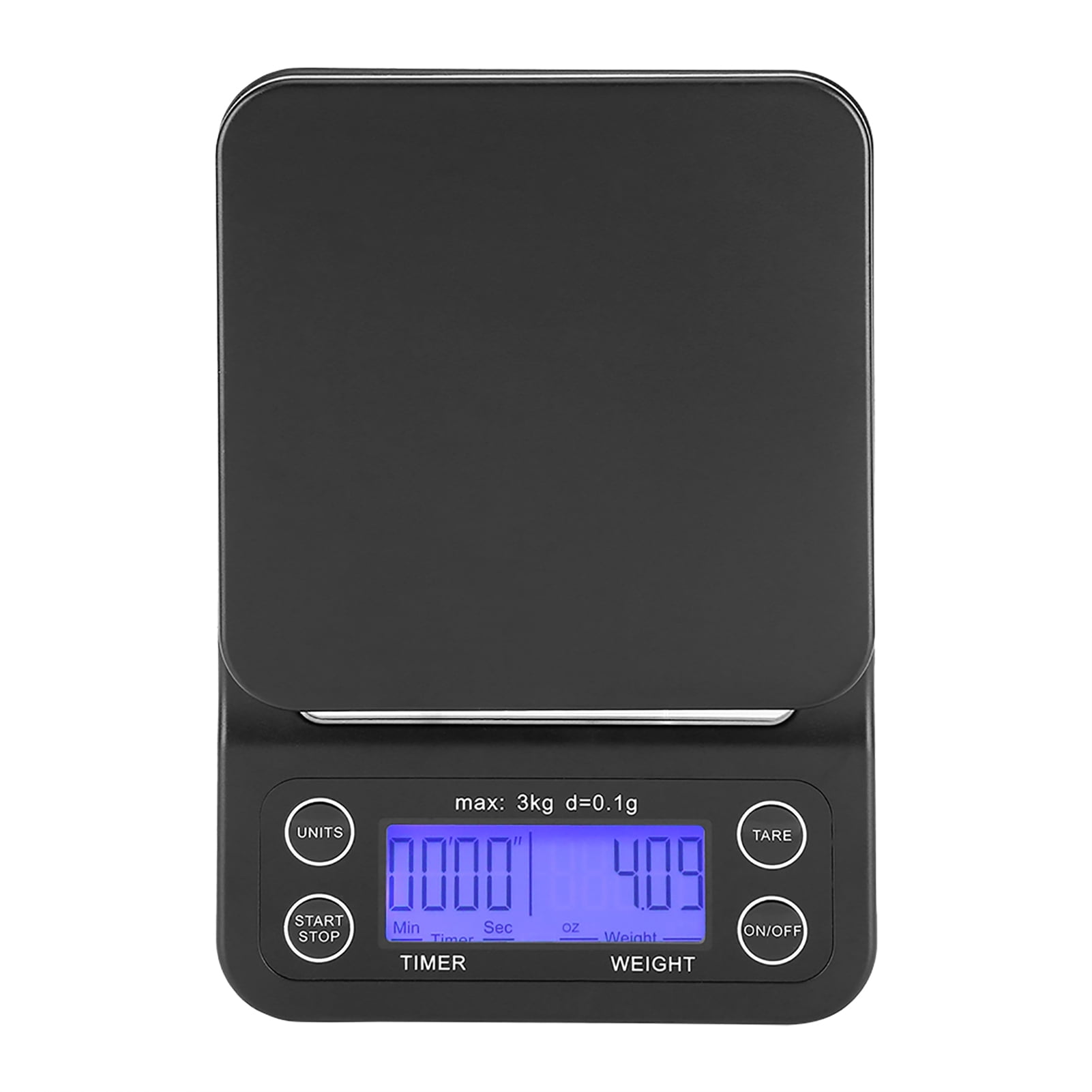 LAZIOEGR 3KG/0.1g Digital Kitchen Food Scale, Drip Coffee Weighing with Built-In Timer, Bluish Violet Backlight LCD Screen, Black Body, Unit Conversion g/ml/oz/lb, 9.06 inches / 23 cm Length