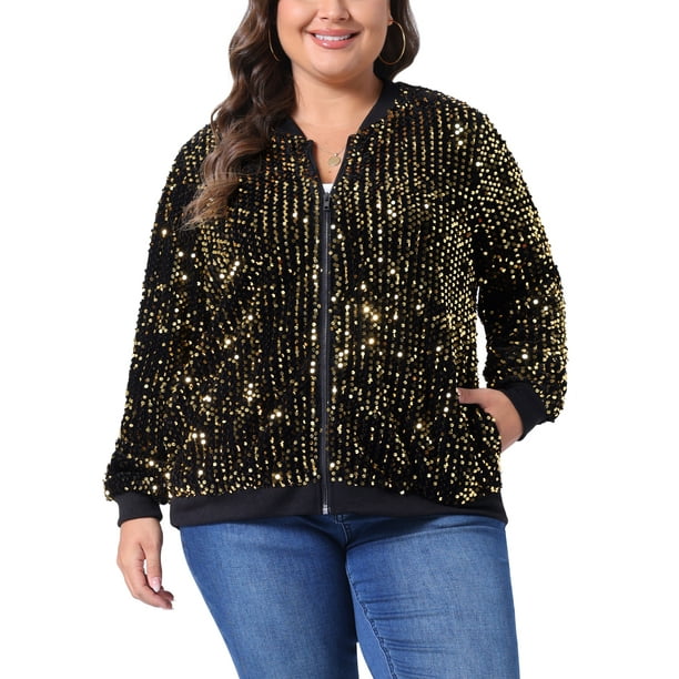 Chaqueta de lentejuelas para mujer de tallas grandes GRACE & GRANDEUR, chaqueta bomber con brillo, manga larga, cierre frontal, 1X dorada