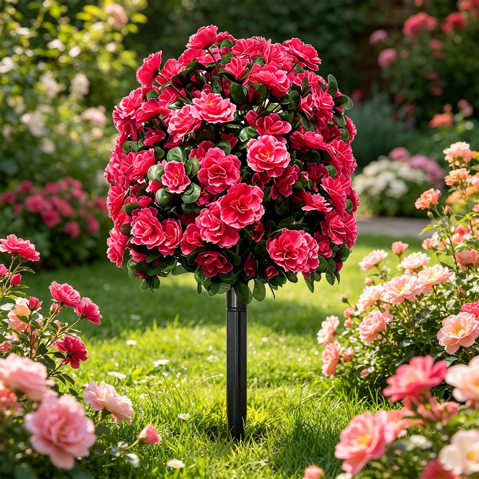 Artificial Rhododendron Tree - Magenta Fabric Flowers, Leaves, Metal Ground Stake, Outdoor Decoration, Scene Arrangement, Artificial Flowers, for Garden, Yard, Patio, UV-Resistant & Weather-Proof