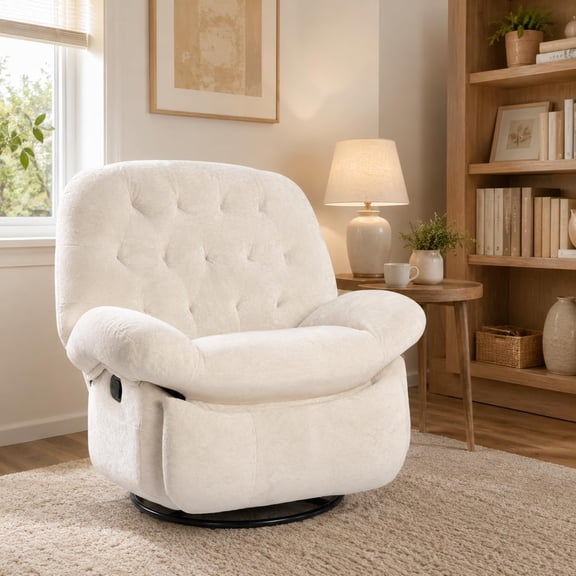Memoryfield 360° Swivel Glider Recliner Chair, Chenille Fabric Manual Reclining Accent Chair, White