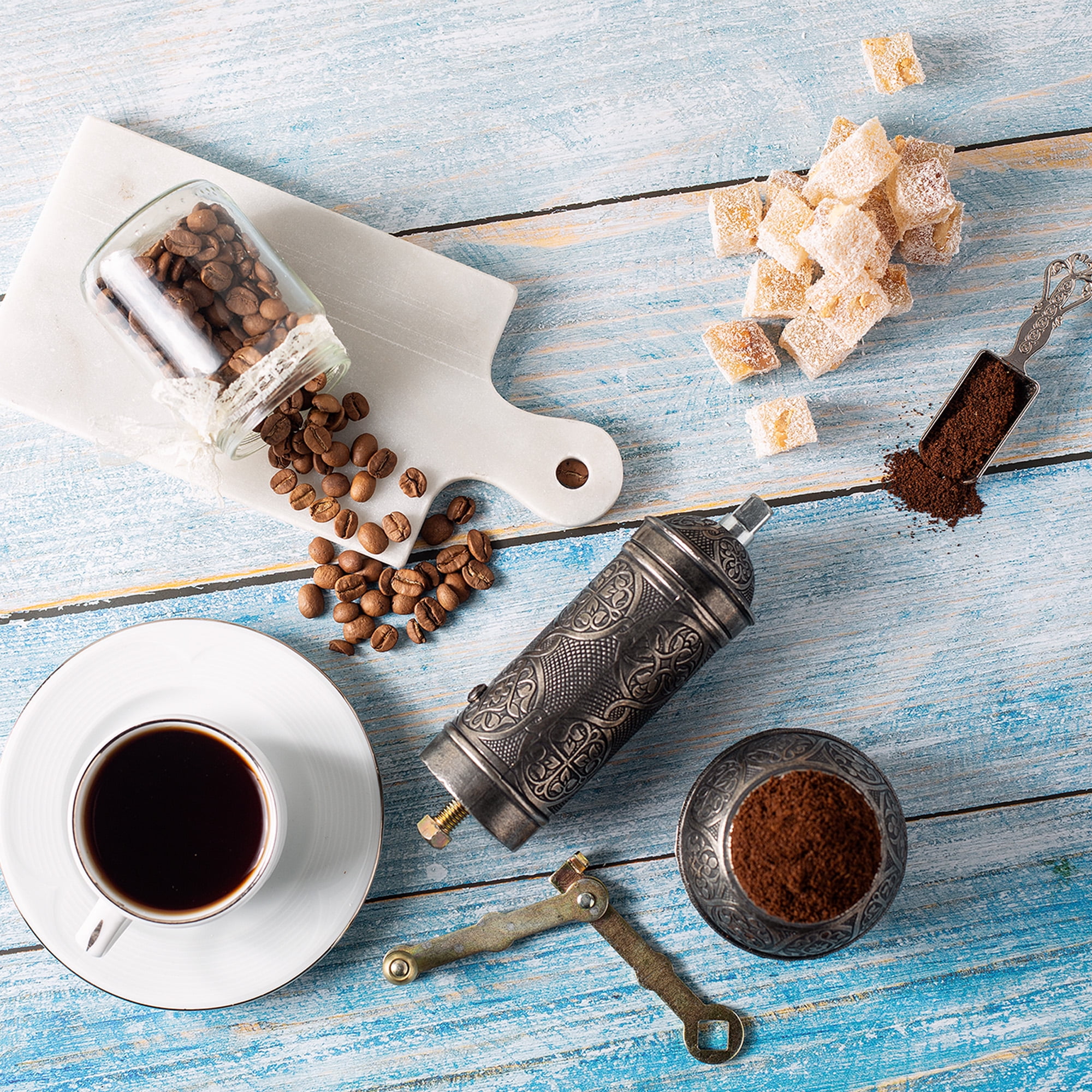Crystalia Coffee Grinder, Refillable Turkish Style Mill with Adjustable Grinder, Manual Coffee Mill with Handle, Antique Grinder Metal with Hand Crank, Adjustable Coarseness (Antique Silver)