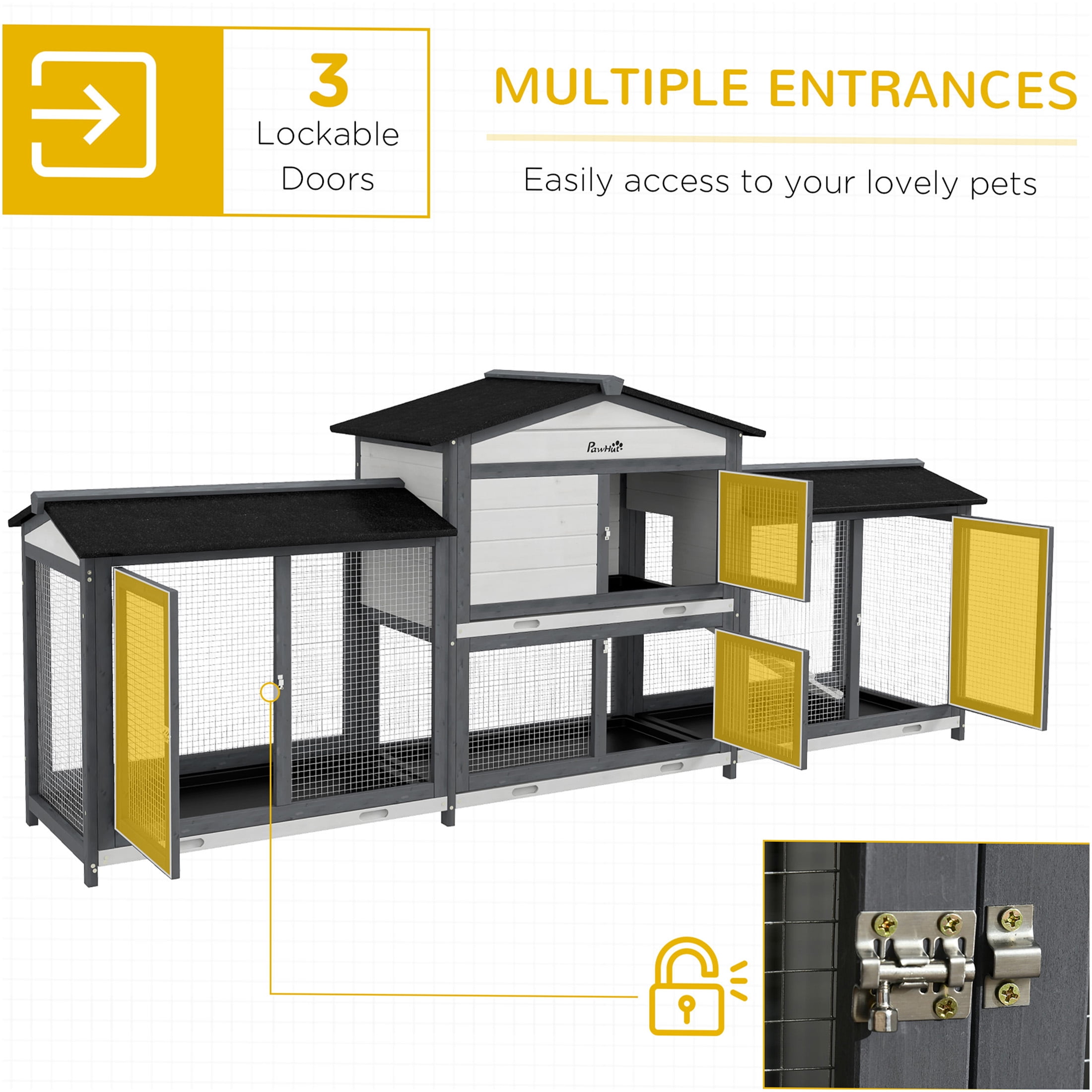 JERFIT 90.5 Inch Large Outdoor Rabbit Hutch with 2 Run Boxes, Leak-Proof Tray & Ramp, Wooden Guinea Pig Cage, Small Animal Playpen Enclosure House, Gray
